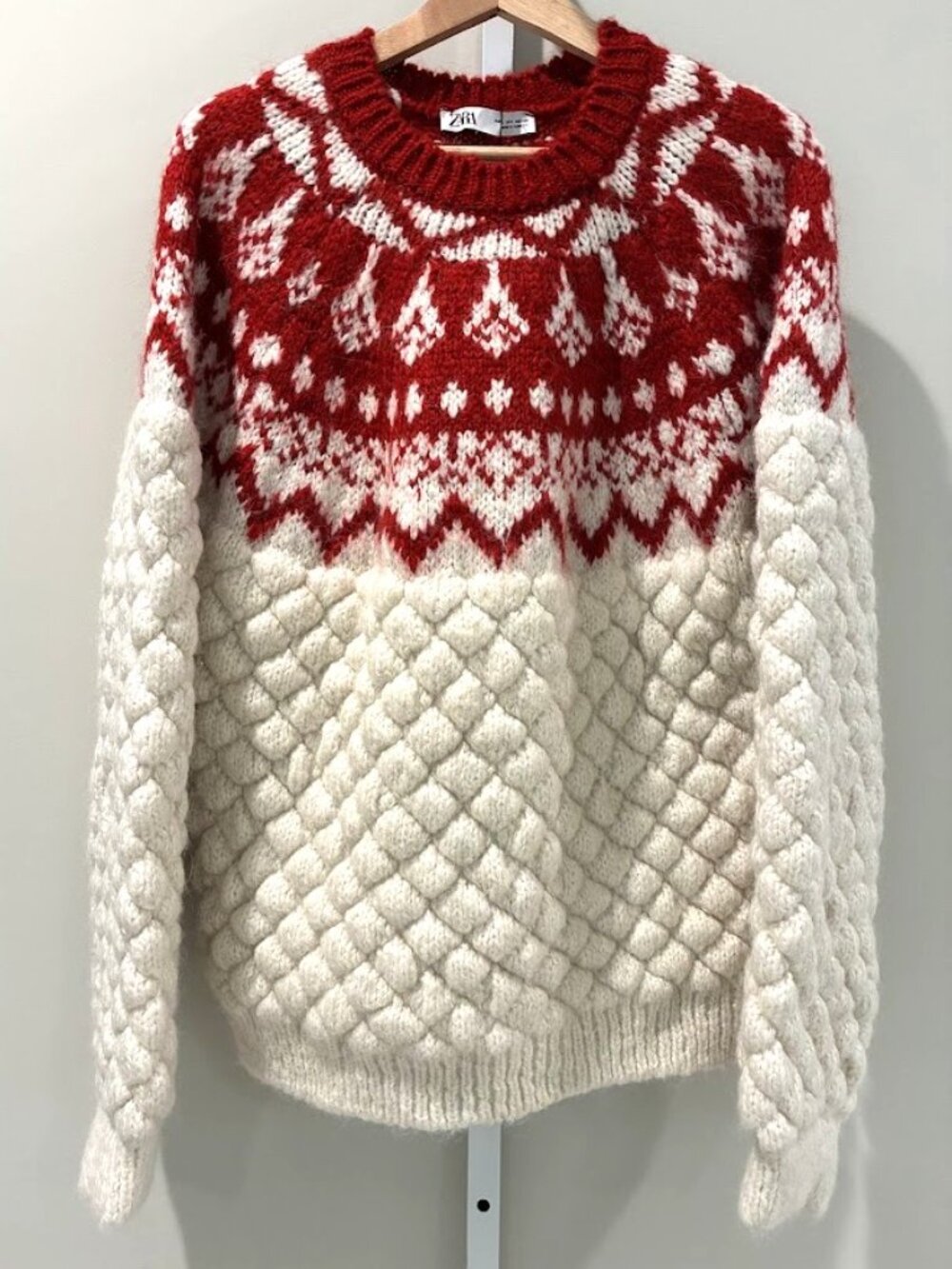 NWT Zara Fair Isle Textured Knit Sweater Red Cream Wool Blend Chunky Jacquard L - Picture 9 of 9